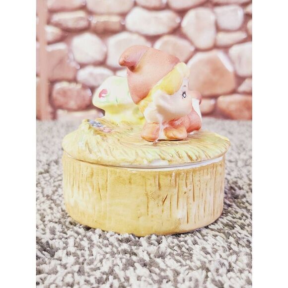 Vintage HOMCO Boy Pixie Elf Mushroom Round Trinket Dish Lidded Fairy Jar - Picture 4 of 8